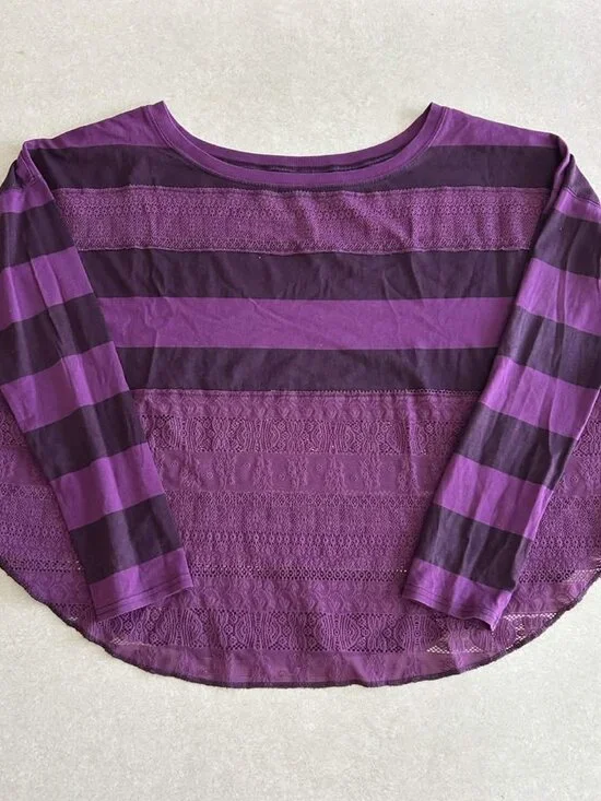 Free People Long Sleeve Lacey Stripes Top in Plum Combo ASO Alex Russo - Picture 6 of 12